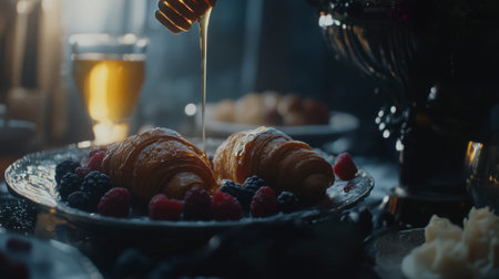 Enjoy a cozy breakfast scene featuring freshly baked croissants drizzled with honey, complemented by vibrant berries and soft light for an inviting atmosphere.の素材
