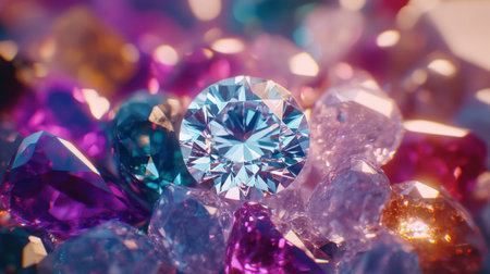An artistic close-up of a brilliant cut diamond surrounded by a variety of colorful gemstones, creating a dazzling composition of sparkle and rich textures.の素材