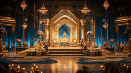 A stunning grand ballroom featuring luxurious decor with elegant lighting, vibrant floral arrangements, and a majestic blue and gold color scheme. Perfect for high-end events.の素材