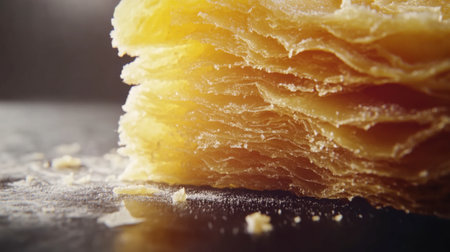 Captivating close-up image showcasing intricate layers of flaky pastry dough, perfect for culinary creations and mouth-watering desserts, emphasizing texture and detail.の素材