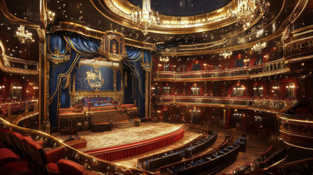 Explore the mesmerizing interior of a historic theater, featuring luxurious decor with rich colors, stunning chandeliers, and a beautifully crafted stage, perfect for captivating performances.の素材