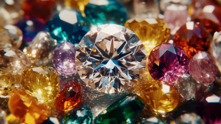 Glimmering gemstones and diamonds create a colorful and vibrant display. Each stone showcases exquisite cuts and sparkles, perfect for luxury themes and decorative purposes.の素材