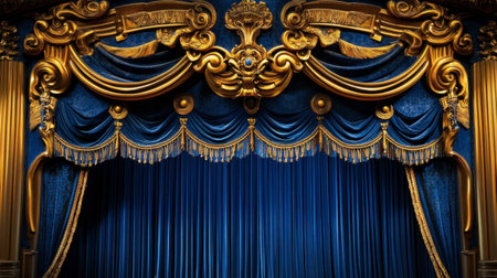 This image features an ornate theater curtain with rich blue fabric and luxurious gold embellishments, ideal for showcasing stage productions and dramatic performances.の素材