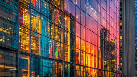 A vibrant cityscape captured at sunset, showcasing colorful reflections in a modern glass building, highlighting architectural beauty and urban life.の素材