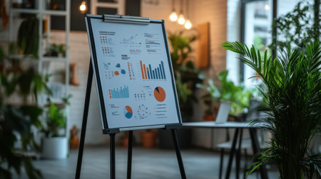 Modern office space featuring a flip chart displaying business data and graphs, enhanced by lush greenery and stylish decor that promotes creativity and productivity.の素材