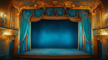 An elegant theater stage featuring rich blue drapes and elaborate gold trim creates an inviting backdrop for performances and artistic events in a grand setting.の素材