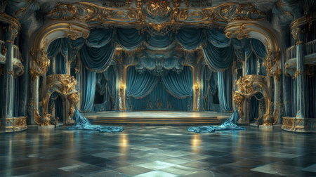 Immerse in the luxurious beauty of a baroque theatre interior, featuring intricate details, rich textures, and an opulent atmosphere perfect for capturing dramatic performances.の素材