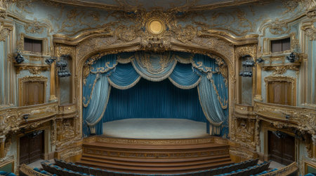 Explore a beautifully crafted theater interior featuring intricate gold detailing, an elegant blue stage curtain, and an inviting atmosphere perfect for captivating performances.の素材