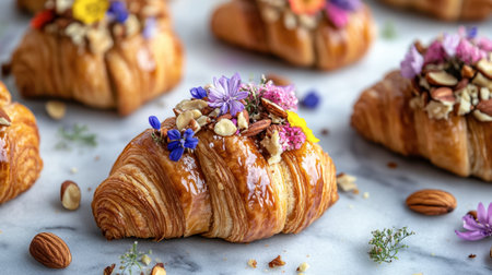 Delightful croissants adorned with vibrant edible flowers and nuts create a stunning visual. Perfect for elevating any brunch, dessert display, or special occasion.の素材