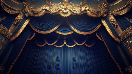 Captivating theater stage with luxurious blue curtains and intricate gold accents, ideal for dramatic performances and artistic showcases in a stunning environment.の素材