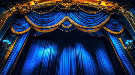 Captivating view of a blue theater stage adorned with draped curtains and ornate golden details, ideal for showcasing artistic performances and enhancing event ambiance.の素材