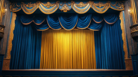 A majestic theater stage adorned with deep blue and golden curtains, creating a stunning backdrop for a captivating performance filled with art and emotion.の素材
