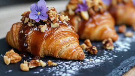 A visually appealing display of freshly baked croissants adorned with caramel sauce, chopped nuts, and vibrant edible flowers, perfect for food enthusiasts.の素材