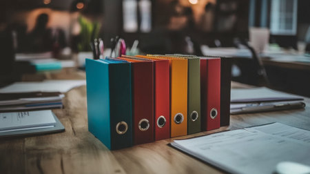 A collection of colorful binders neatly arranged on a wooden desk with paperwork scattered around, illustrating an organized and vibrant office setting ideal for productivity and creativity.の素材