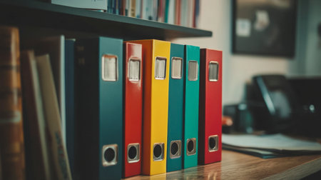 A vibrant collection of colorful folders neatly arranged on a wooden desk, perfect for enhancing office organization, productivity, and modern workspace aesthetics.の素材