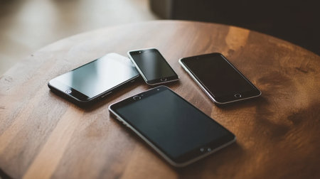 A captivating view of various smartphones placed on a wooden surface, highlighting their sleek designs and modern technology in a minimalist setup.の素材