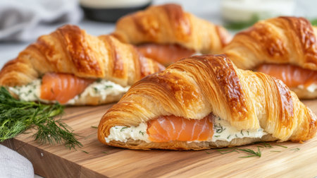 A tempting arrangement of flaky croissants filled with smoked salmon and creamy cheese, beautifully presented on a wooden board, perfect for any breakfast or brunch occasion.の素材