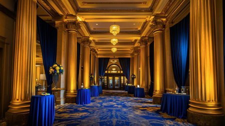 A stunning grand hallway featuring golden pillars and rich blue drapes, ideal for hosting elegant events. The luxurious ambiance highlights sophistication and style.の素材