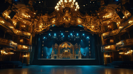Experience the allure of a stunning theatre interior featuring intricate gold decor and dramatic lighting, ideal for cultural events and performance arts displays.の素材