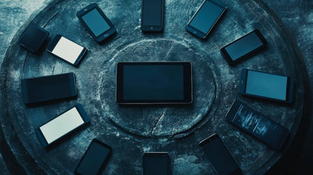 A striking overhead view of a circular arrangement of black smartphones on a wooden table, symbolizing modern connectivity and technology in everyday life.の素材