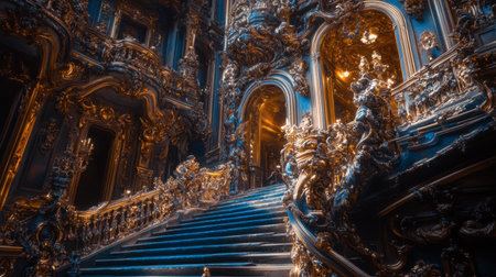 Discover a stunning grand staircase within an opulent baroque interior, showcasing intricate details and luxurious golden accents bathed in warm light, exuding elegance and charm.の素材