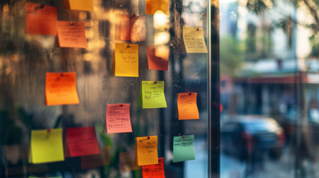 A vibrant display of colorful sticky notes on a glass panel showcases a creative and organized workspace, emphasizing brainstorming and project management in a modern office setting.の素材