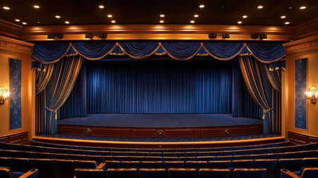 A beautifully designed theater stage featuring rich blue curtains and golden accents, creating an inviting atmosphere for captivating performances and memorable events.の素材