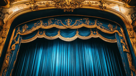 Explore the elegance of this theatrical stage featuring a rich blue curtain adorned with intricate gold detailing, perfect for capturing the allure of live performances.の素材
