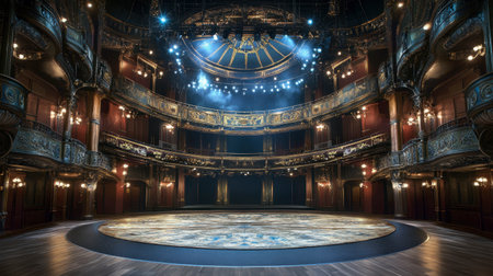 Stunning view of an empty theater interior showcasing elaborate details, warm lighting, and a grand stage, ideal for showcasing performances or elegant events.の素材