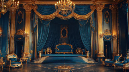 This stunning baroque interior showcases intricate design with blue drapes and golden accents, creating an atmosphere of luxury and elegance for special events or historic inspirations.の素材