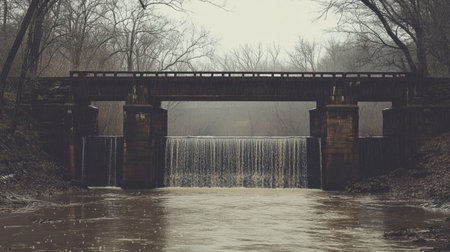 A captivating scene showcasing a waterfall flowing beneath an old bridge, nestled amidst trees in a misty landscape. Ideal for nature-themed projects or serene environments.の素材