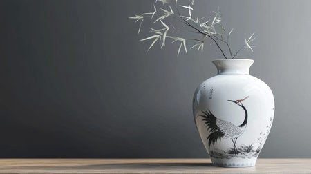 A stunning white ceramic vase featuring a graceful crane, filled with slender bamboo, perfectly placed in a serene modern interior, enhancing any space's elegance.の素材