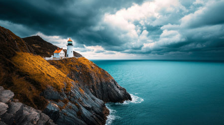 A stunning lighthouse perched atop a rocky cliff, surrounded by a dramatic sky and turquoise ocean. This image captures the essence of coastal beauty and adventure.の素材