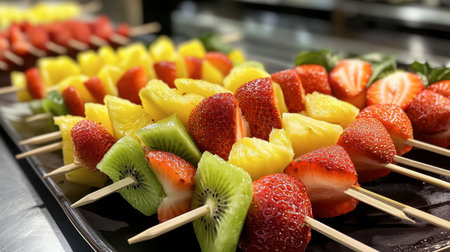 Vibrant fruit skewers arranged on a platter, showcasing an appealing mix of strawberries, pineapple, and kiwi. Perfect for summer celebrations and healthy snacks.の素材