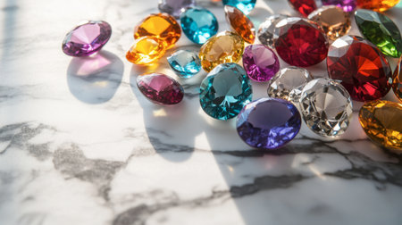 A beautiful collection of colorful gemstones laid out on a polished marble surface, capturing the essence of luxury and artistic design under soft natural light.の素材