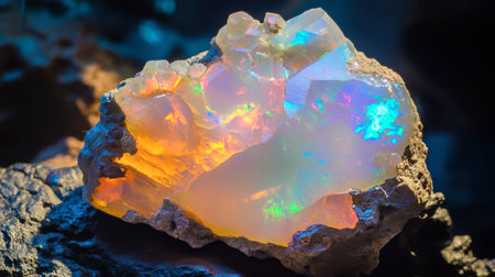 A stunning opal crystal nestled in natural rock exhibits vibrant iridescent colors, creating a mesmerizing display of beauty and wonder in the mineral world.の素材