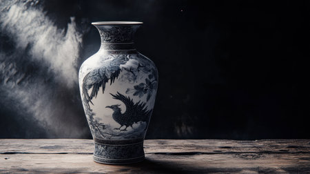 A beautifully crafted porcelain vase featuring intricate bird illustrations, set against a dark backdrop, showcasing artistic tradition and elegance in home decoration.の素材