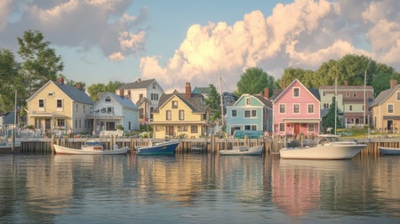 Vibrant waterfront homes reflect beautifully in calm waters during sunrise. The colorful houses create a picturesque scene, enhancing the tranquil essence of this charming coastal harbor.の素材