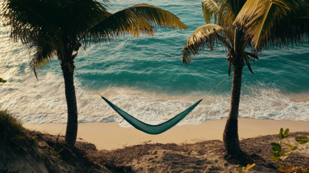 A serene beach setting featuring a hammock nestled between palm trees, waves gently lapping at the shore, creating a perfect getaway for relaxation and tranquility.の素材