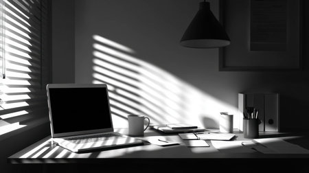 A minimalist home office scene featuring a laptop, coffee cup, and stationery, beautifully illuminated by sunlight through blinds, creating a peaceful black and white atmosphere.の素材