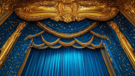 A stunning theater curtain showcases luxurious gold decorations against a vibrant blue backdrop, ideal for any creative project focused on performing arts and cultural themes.の素材