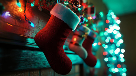 A vibrant and warm display of Christmas stockings hanging over a cozy fireplace, surrounded by colorful holiday lights, capturing the spirit of festive celebrations and family gatherings.の素材