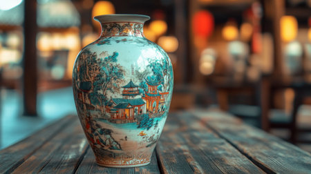 An exquisite ceramic vase featuring a detailed, hand-painted landscape scene, perfect for home decor or as a stunning display piece in any art setting.の素材