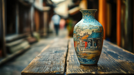 A stunning handcrafted ceramic vase featuring a colorful scenic design, set on a rustic wooden table against the backdrop of an ancient street, embodying artistic beauty and tradition.の素材