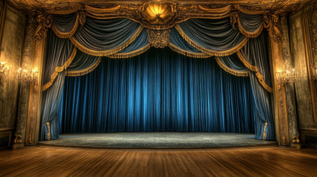 Discover a beautifully designed theatre stage featuring luxurious blue curtains and ornate gold details, perfect for showcasing artistic performances or cultural events.の素材