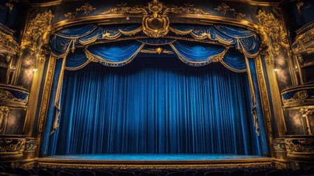 Stunning theater stage featuring rich blue velvet curtains and intricate gold details, creating a captivating backdrop for performances and events in a grand setting.の素材