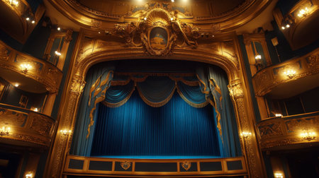 Experience the stunning beauty of a theatre interior, showcasing intricate gold details and luxurious blue drapes, setting the scene for a captivating performance.の素材