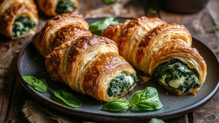 A close-up view of freshly baked croissants filled with spinach and cheese, garnished with basil on a rustic wooden table, perfect for food enthusiasts and photographers.の素材