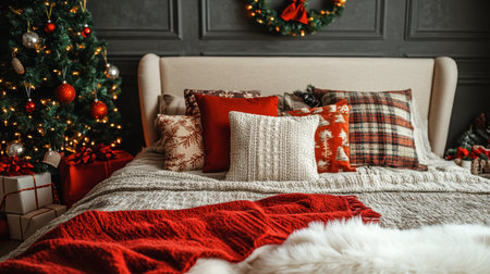 A beautifully styled Christmas bedroom featuring rich textures, festive pillows, and a magnificent tree surrounded by carefully arranged presents. Perfect for holiday cheer.の素材