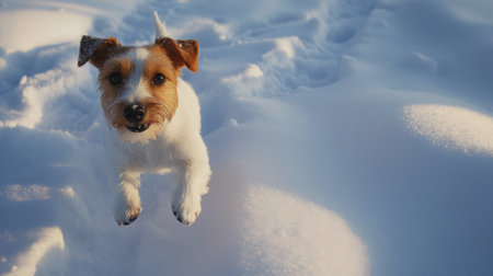 A small dog joyfully leaps through fresh snow, embodying the spirit of winter playfulness. The bright sky enhances the serene winter landscape, showcasing pure joy.の素材